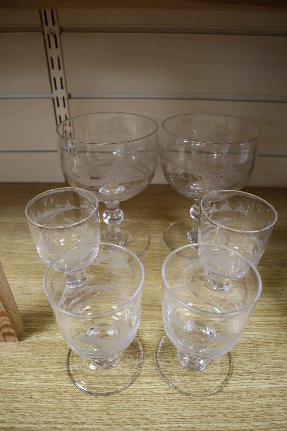 Six Dutch wheel engraved hunting scene glasses, 19th century